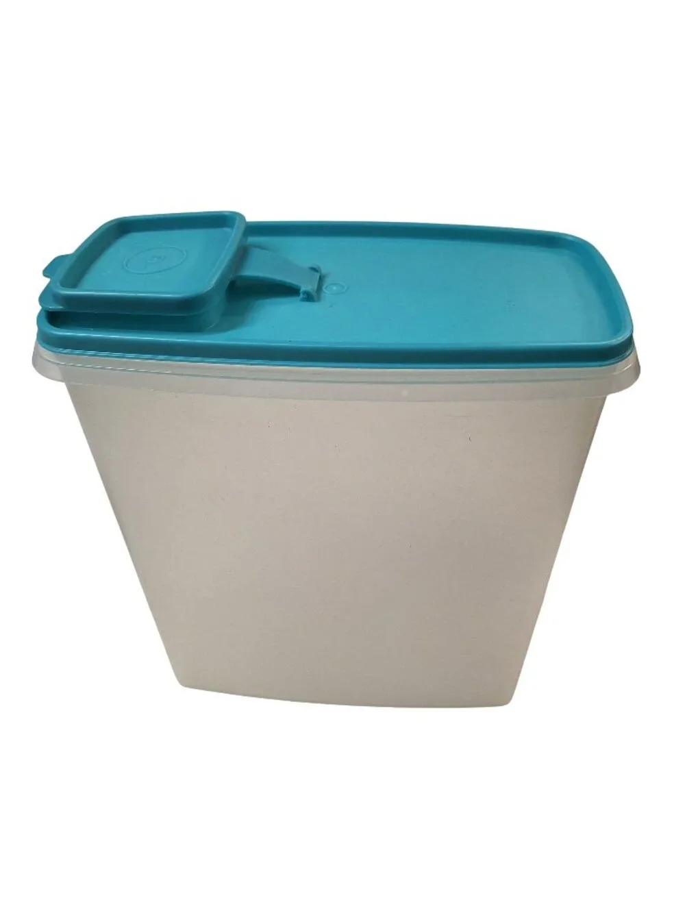 Vintage Tupperware 20-cup super cereal keeper in sheer white with an Aqua Blue l